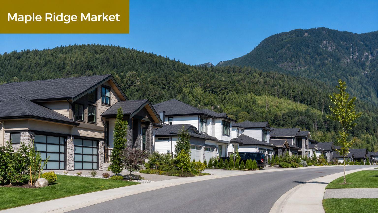 A scenic neighborhood street in Maple Ridge with modern townhouses set against a lush, forested mountain backdrop.