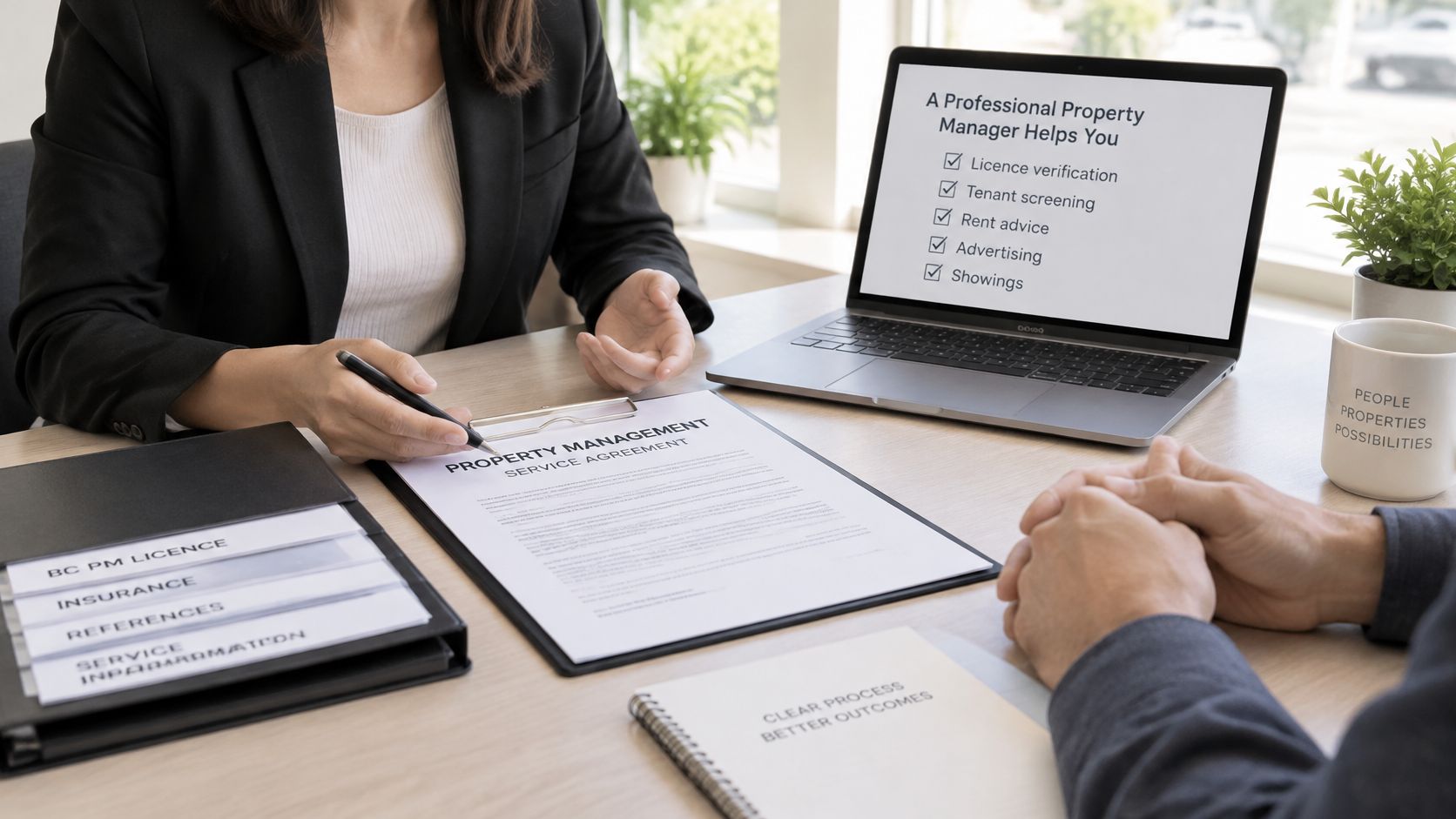 A professional property manager sitting at a desk reviewing a service agreement with a landlord client.
