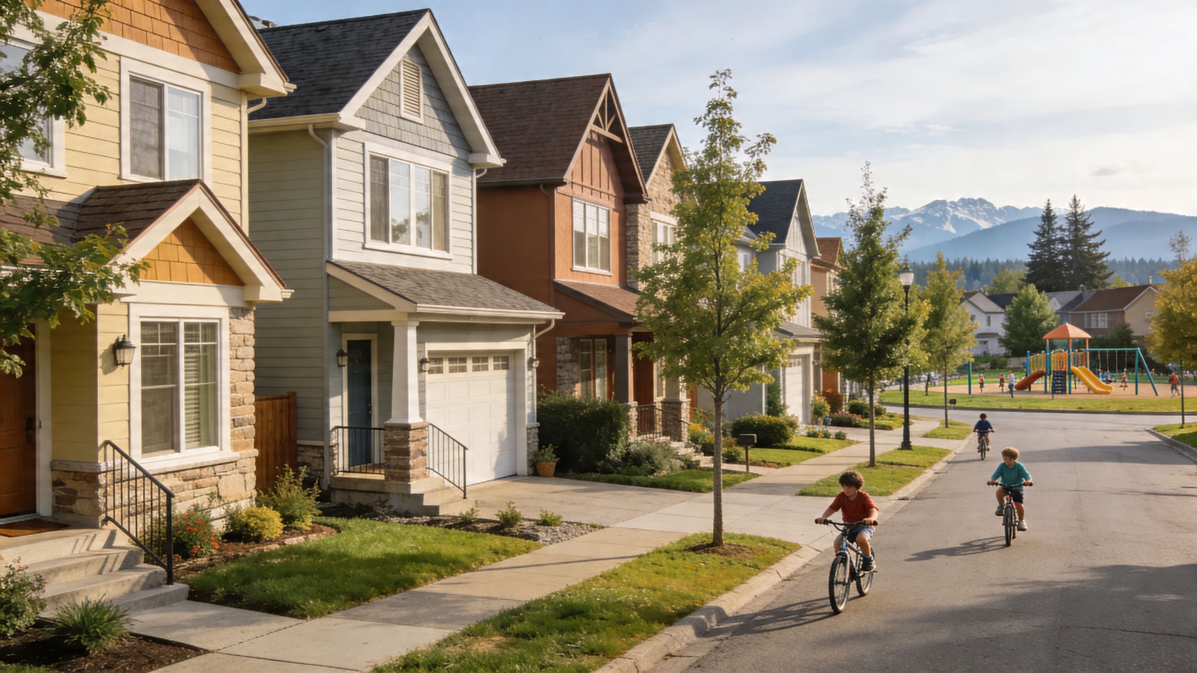 Children riding bicycles on a quiet suburban street near houses and a community park with mountains.