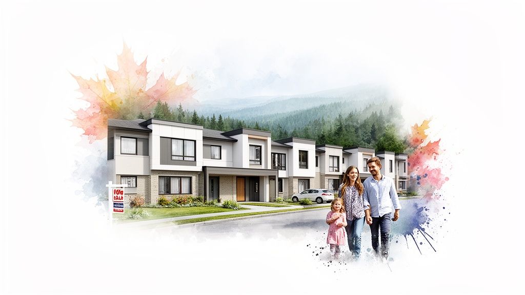 A happy family walks past modern townhouses for sale, with a forest and mountains in the background.