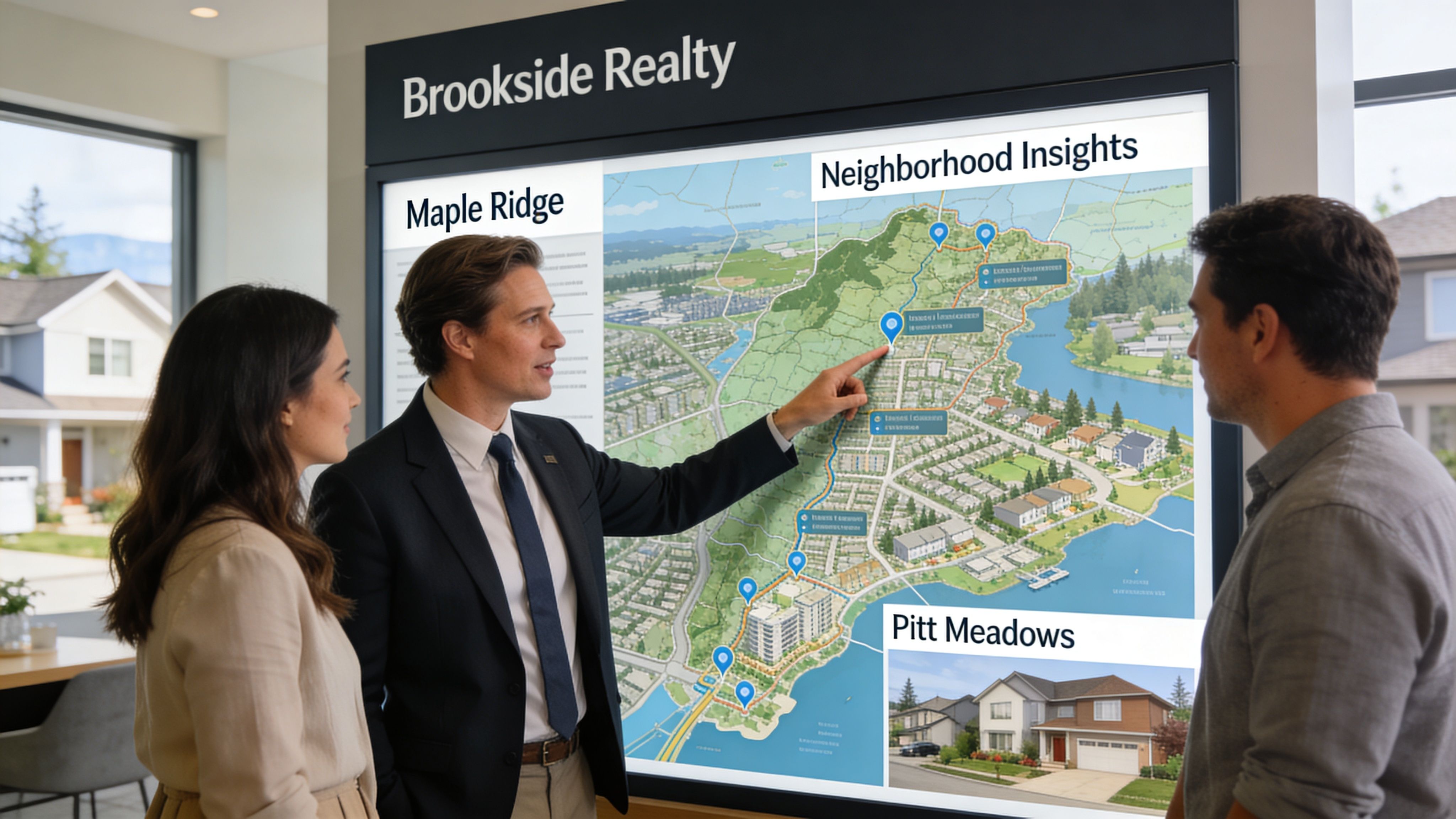 A real estate agent presenting neighborhood property insights on a large interactive digital map to a couple.