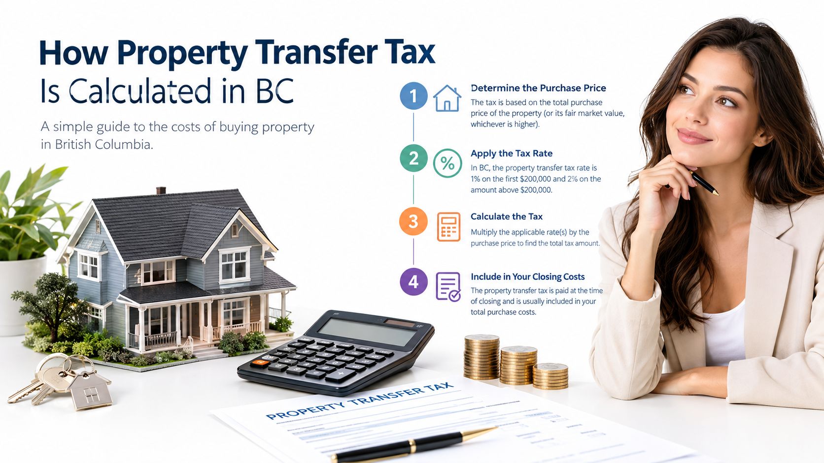 An infographic showing the four-step process for calculating property transfer tax in British Columbia, Canada.
