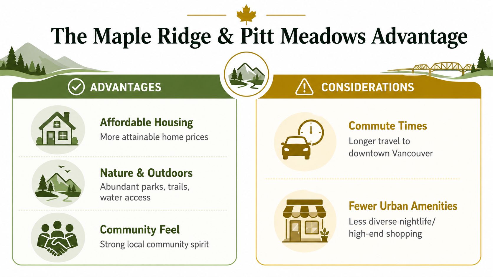 A comparison infographic showing the advantages and considerations of living in Maple Ridge and Pitt Meadows.
