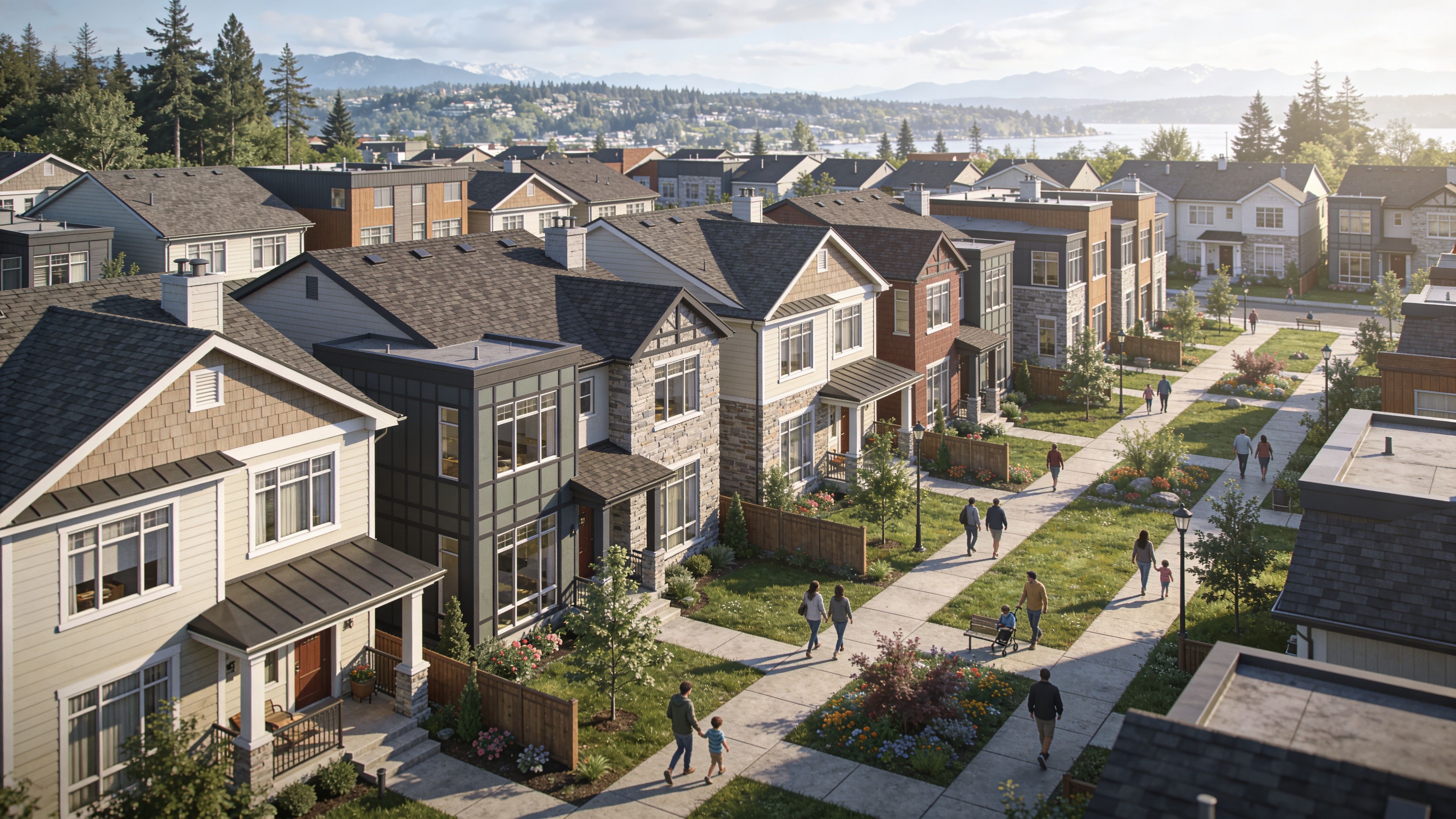 A scenic aerial view of modern residential townhouses in a suburban neighborhood with residents walking on paths.