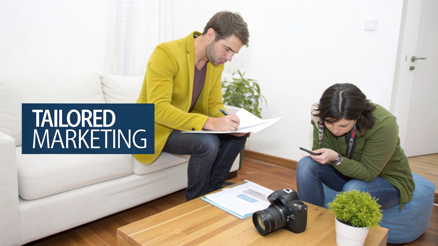 Two professionals discuss tailored marketing strategies, with one writing notes and the other checking a phone.