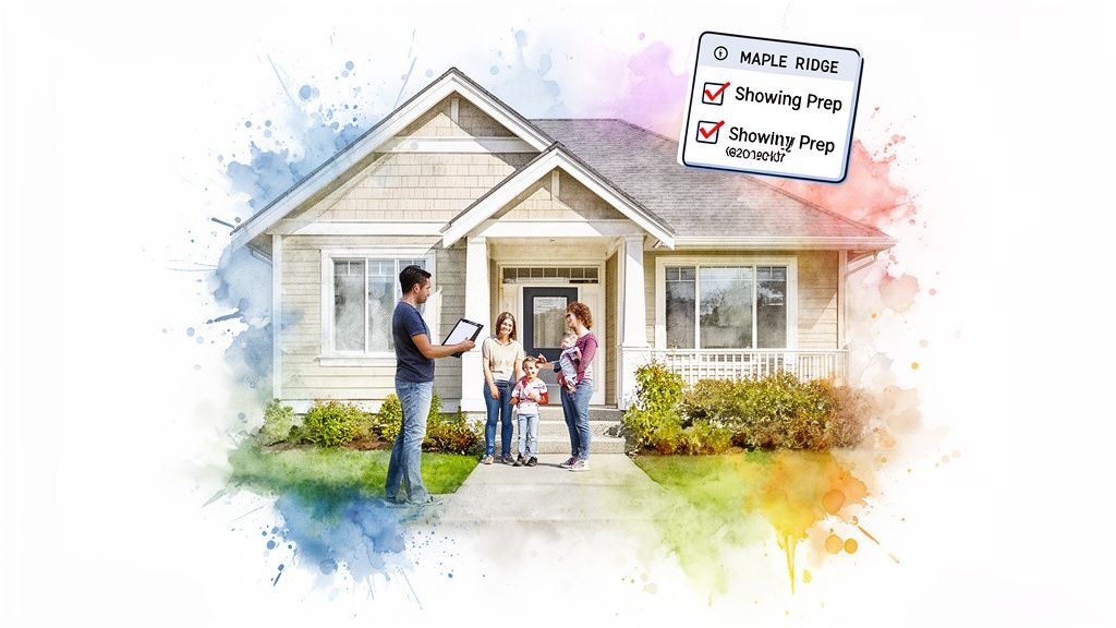 A real estate agent discusses a showing checklist with a family outside their Maple Ridge home.