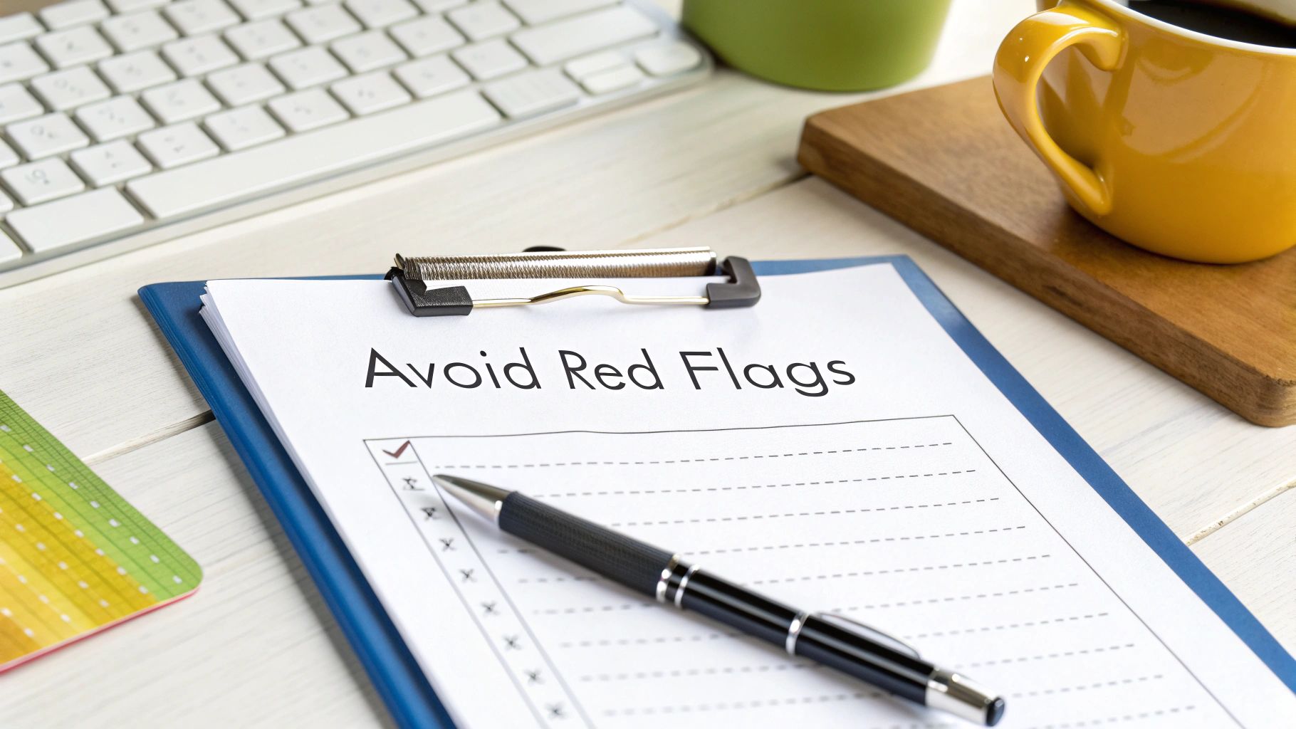 A clipboard with a checklist titled 'Avoid Red Flags' and a pen on a desk with a keyboard and coffee.