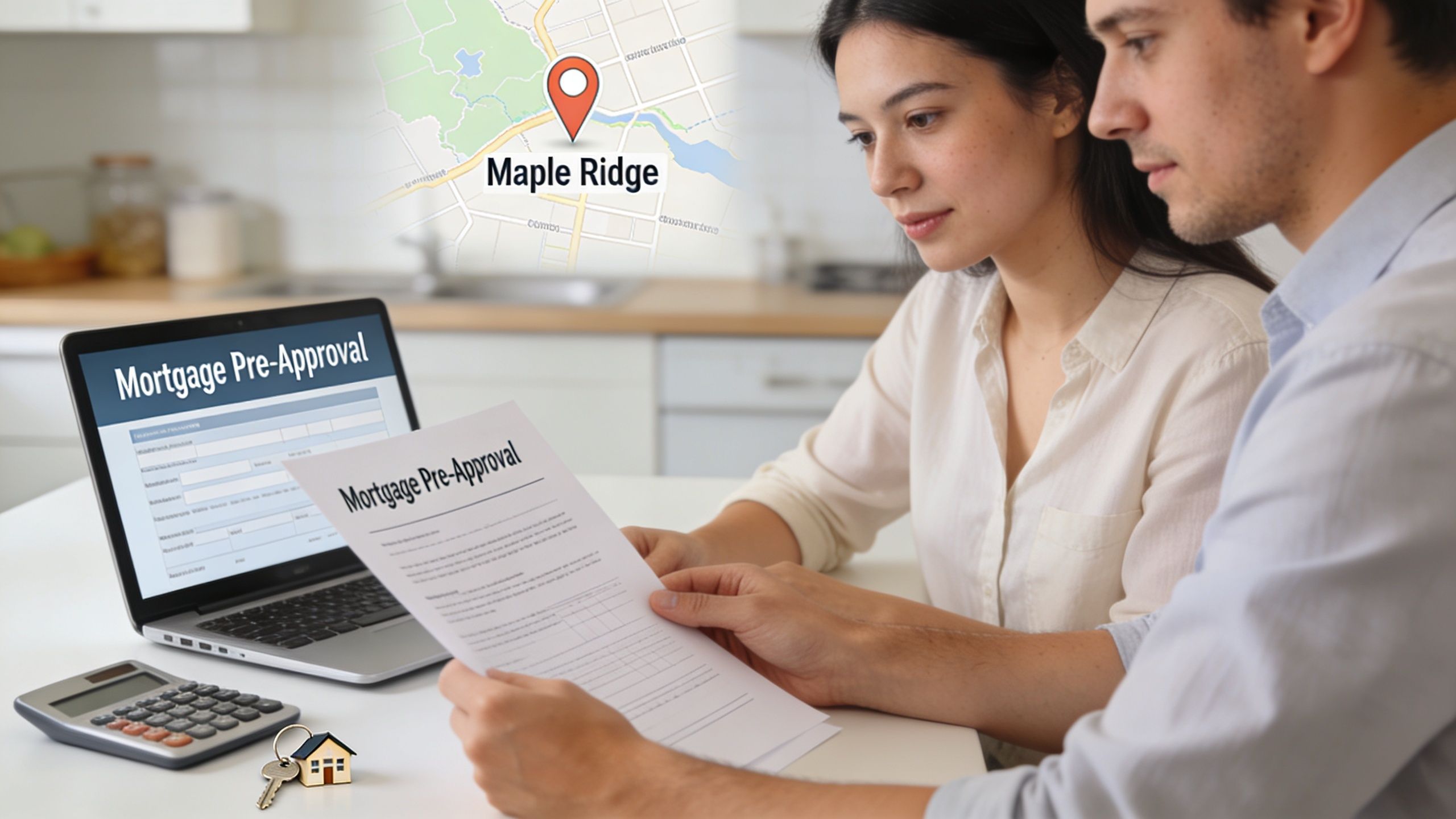 A young couple reviewing mortgage pre-approval documents at a table in their home in Maple Ridge.