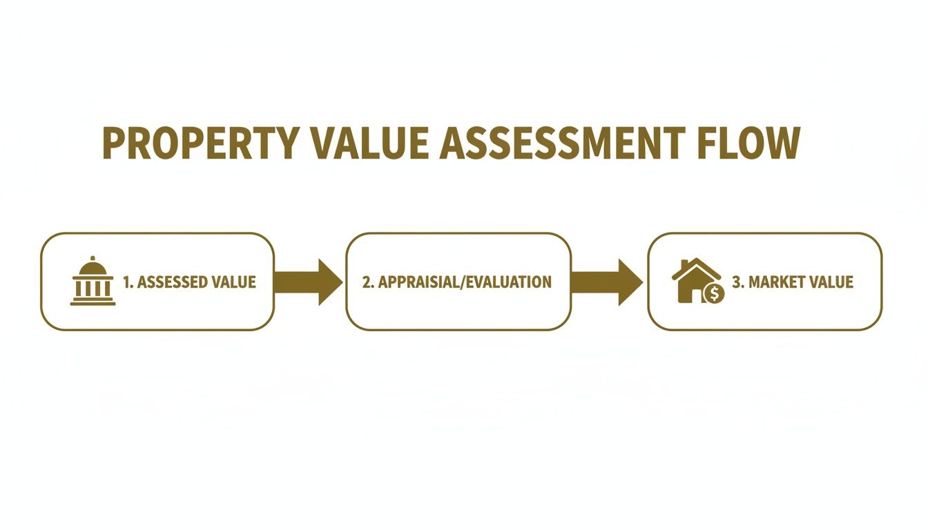 Flow chart illustrating the three-step property value assessment process from assessed to market value.