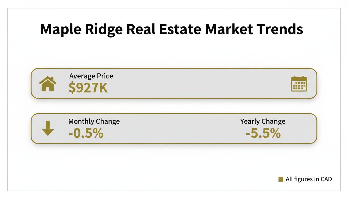 Maple Ridge real estate market trends dashboard displaying average price, monthly, and yearly changes.