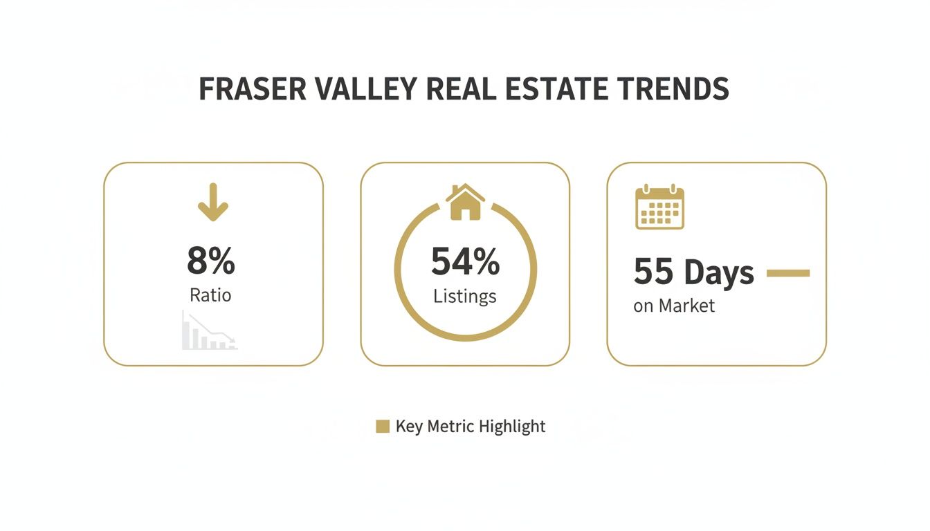 Fraser Valley real estate trends showing key metrics: an 8% ratio decrease, 54% listings, and 55 days on market.