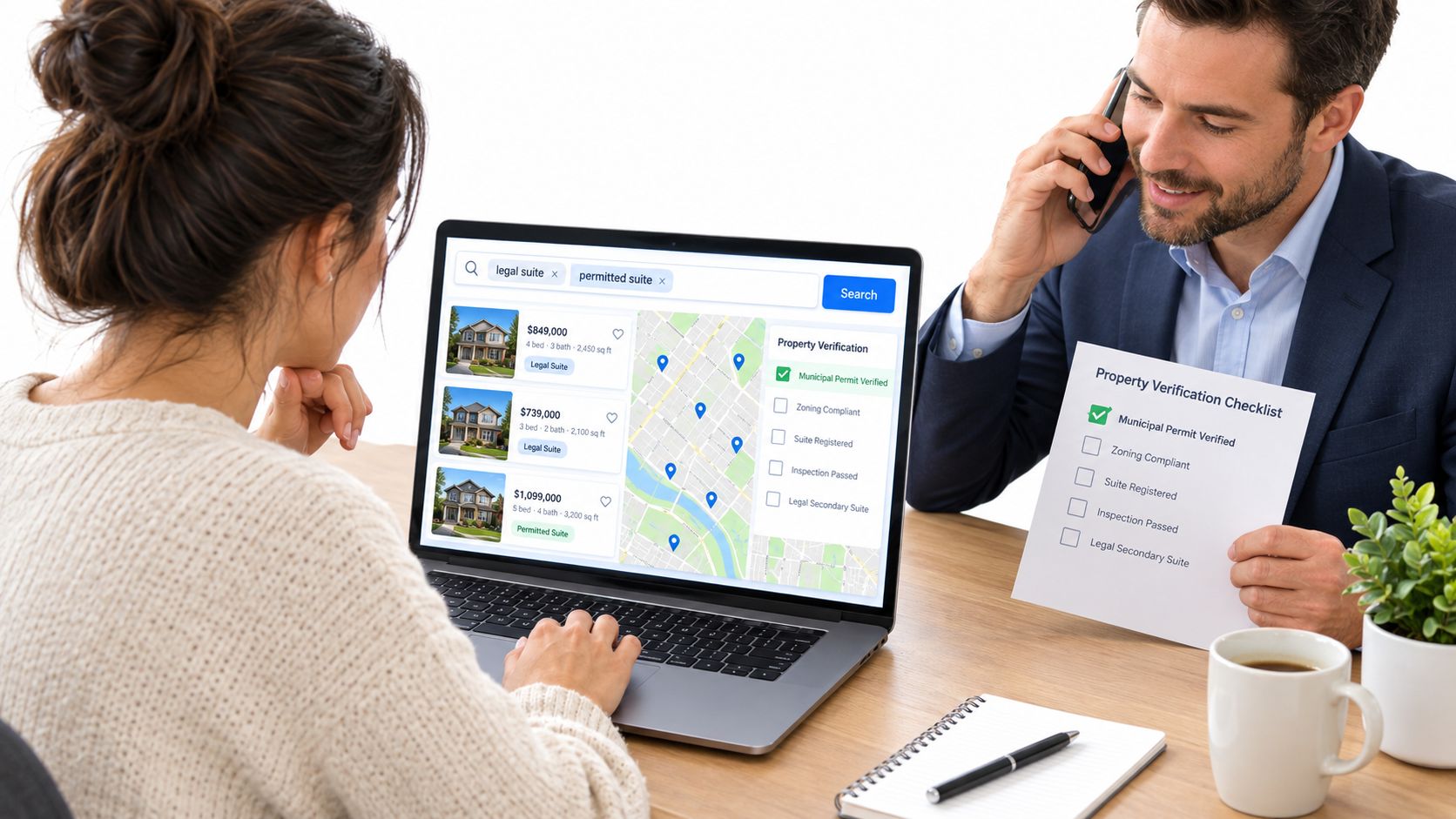 A real estate agent and a client discuss property listings featuring legal basement suites on a laptop.