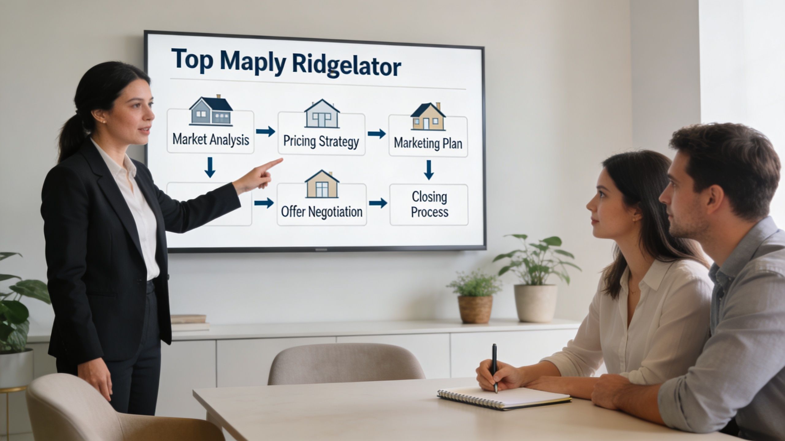 A professional realtor presenting a step-by-step real estate home selling process to a couple in an office.