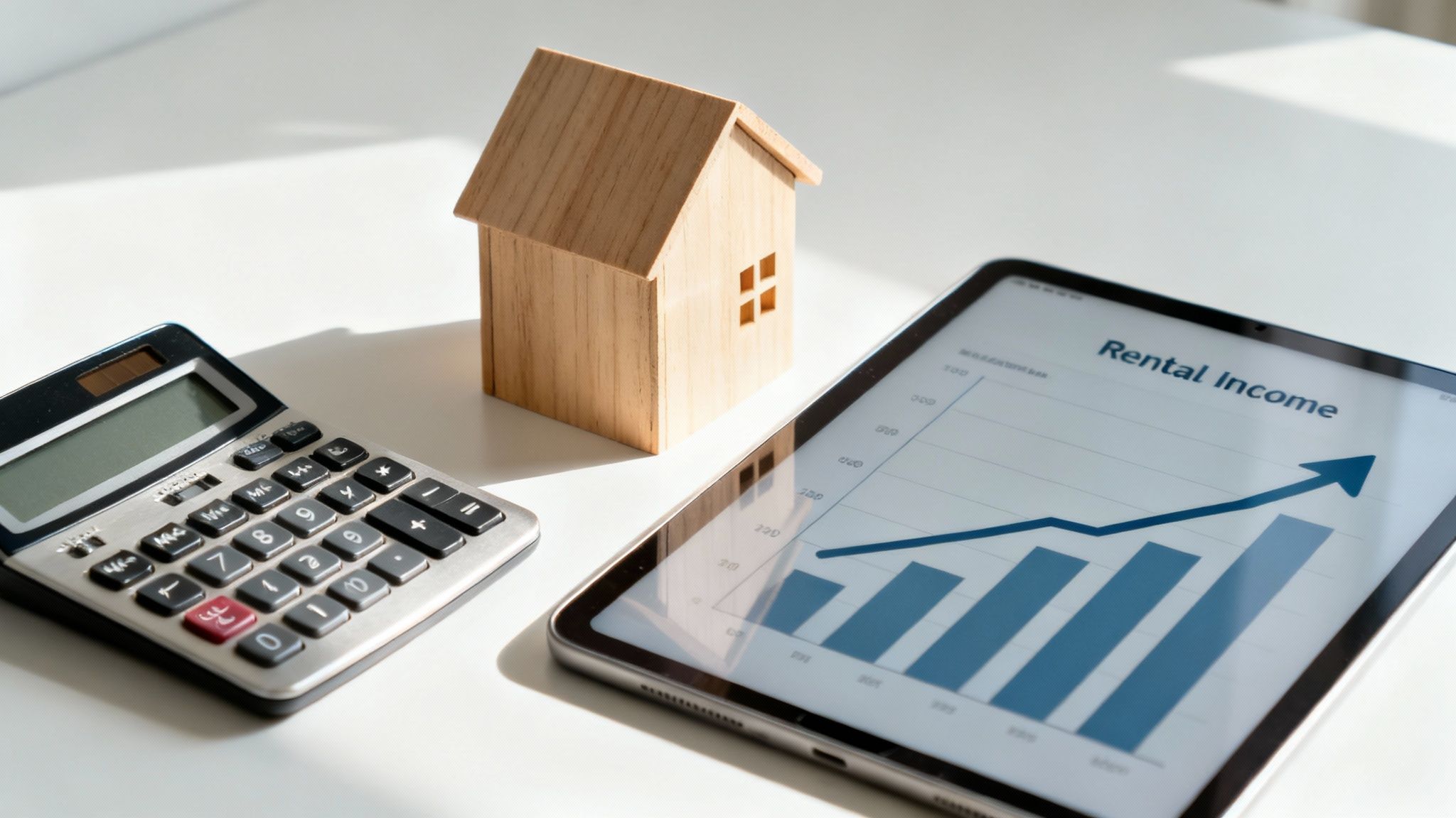 Calculator, wooden house model, and tablet showing 'Rental Income' graph, symbolizing real estate investment.