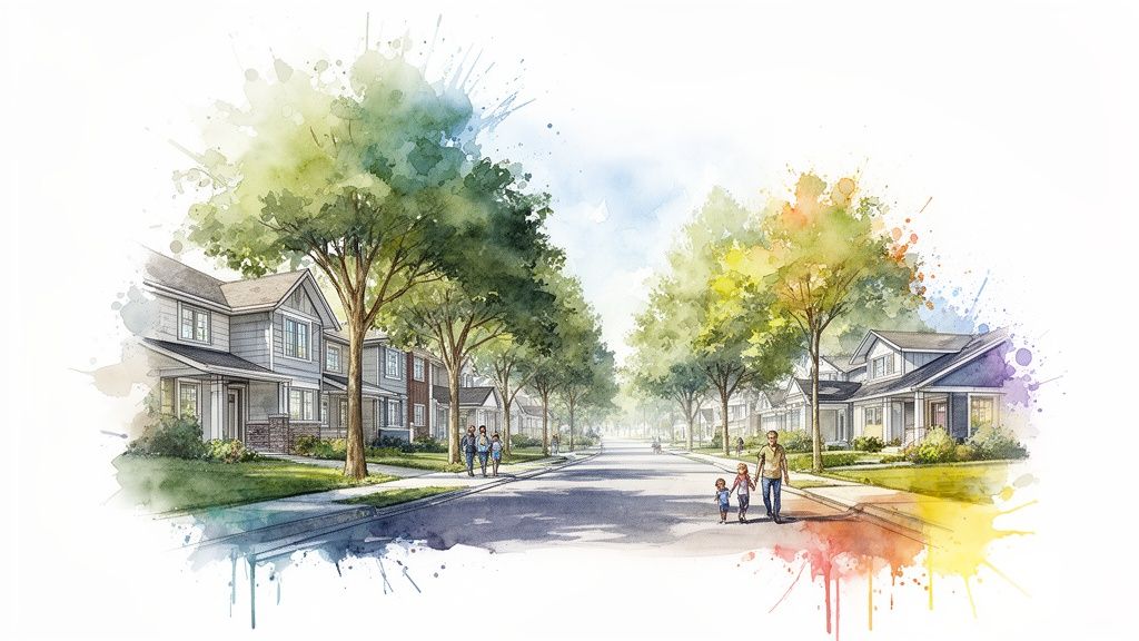 A vibrant watercolor painting of a tree-lined suburban street with houses and people walking on sidewalks.