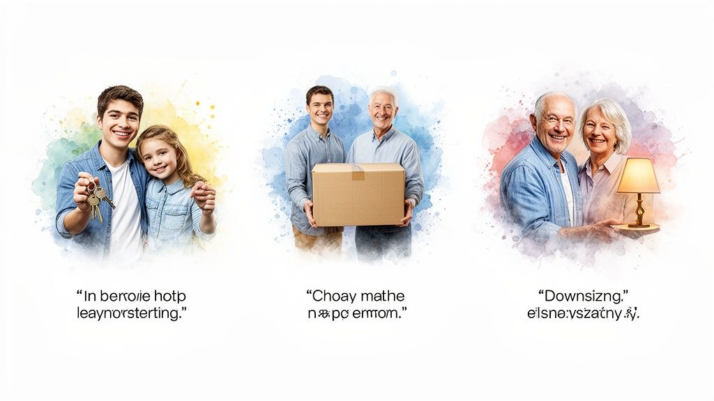 Three family scenes depicting homeownership, moving, and downsizing, showing happy people at different life stages.