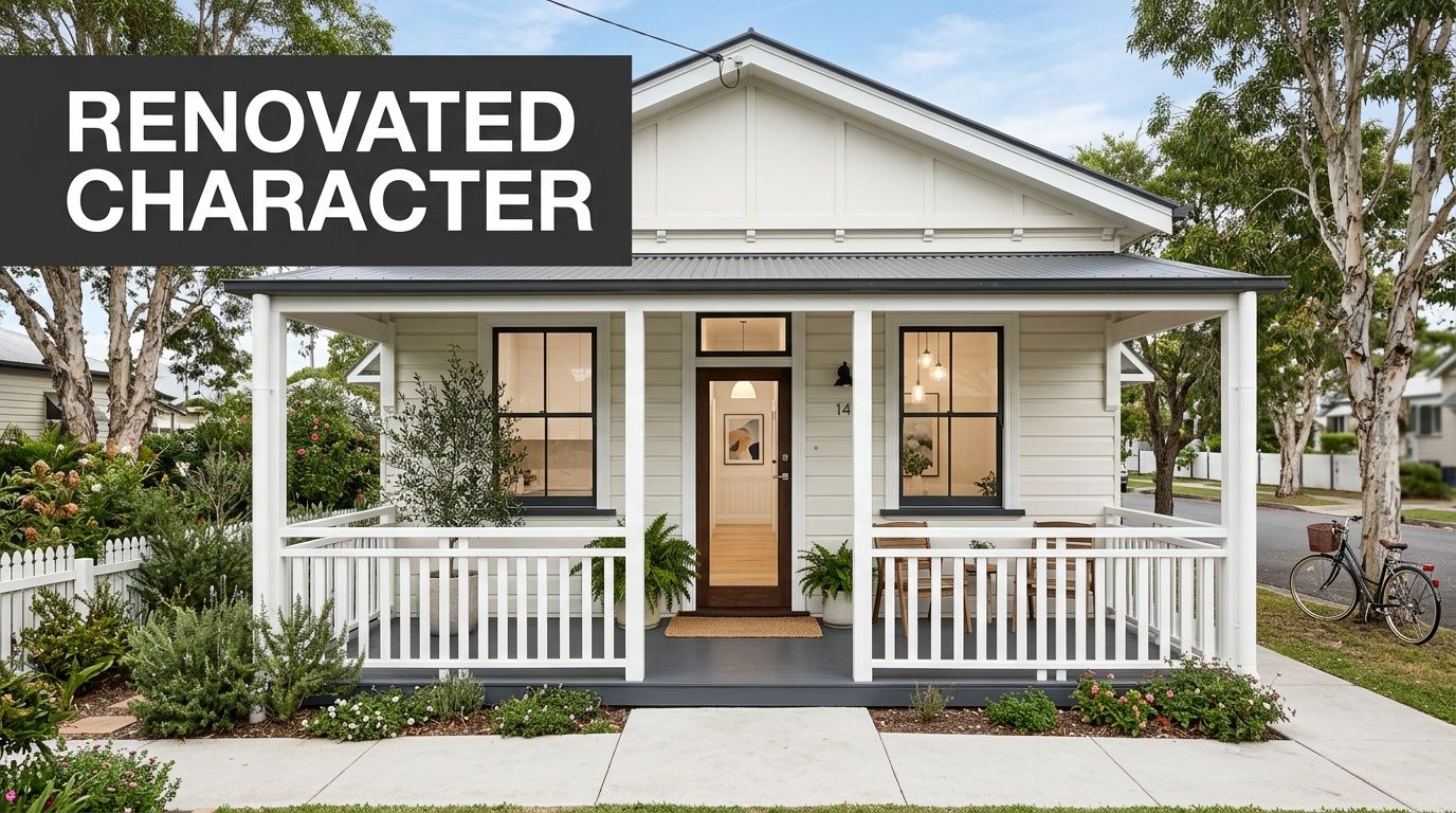 A charming, renovated white cottage with a welcoming front porch, black window frames, and a well-manicured garden.
