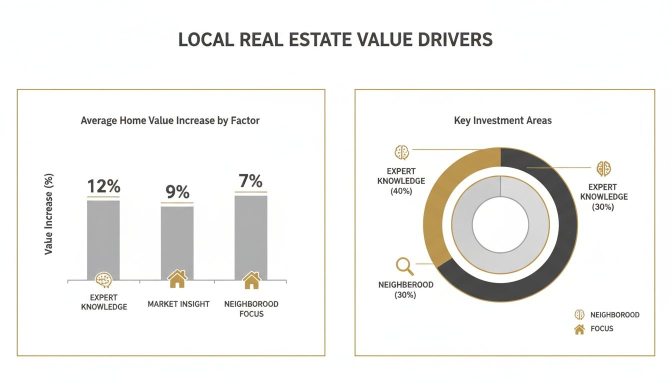 Two charts illustrating local real estate value drivers, home value increase, and investment areas.