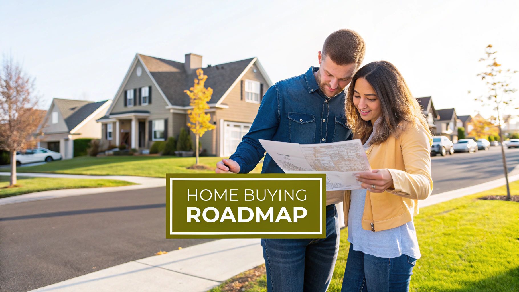 A smiling couple on a suburban street looks at a document, with "Home Buying Roadmap" text.