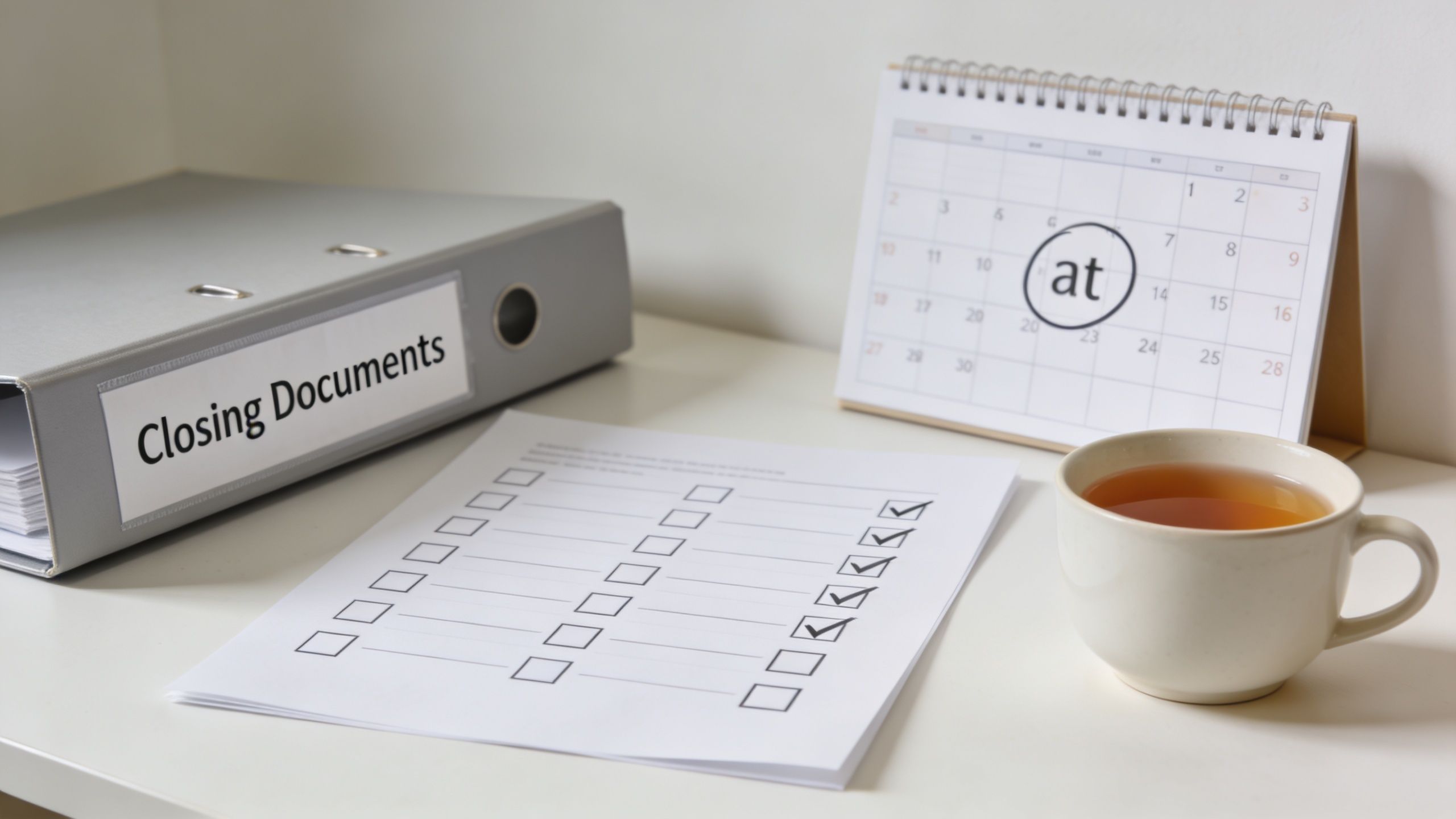 A binder labeled Closing Documents with a checklist and a tea cup sitting on a white desk.