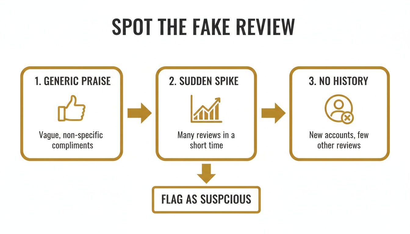A flowchart illustrating three steps to spot fake online reviews: generic praise, sudden spikes, and no history.