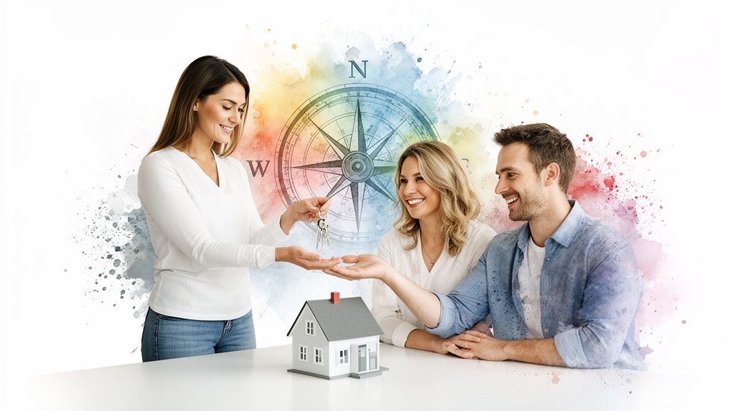 Real estate agent handing house keys to a happy couple, with a model home and compass background.