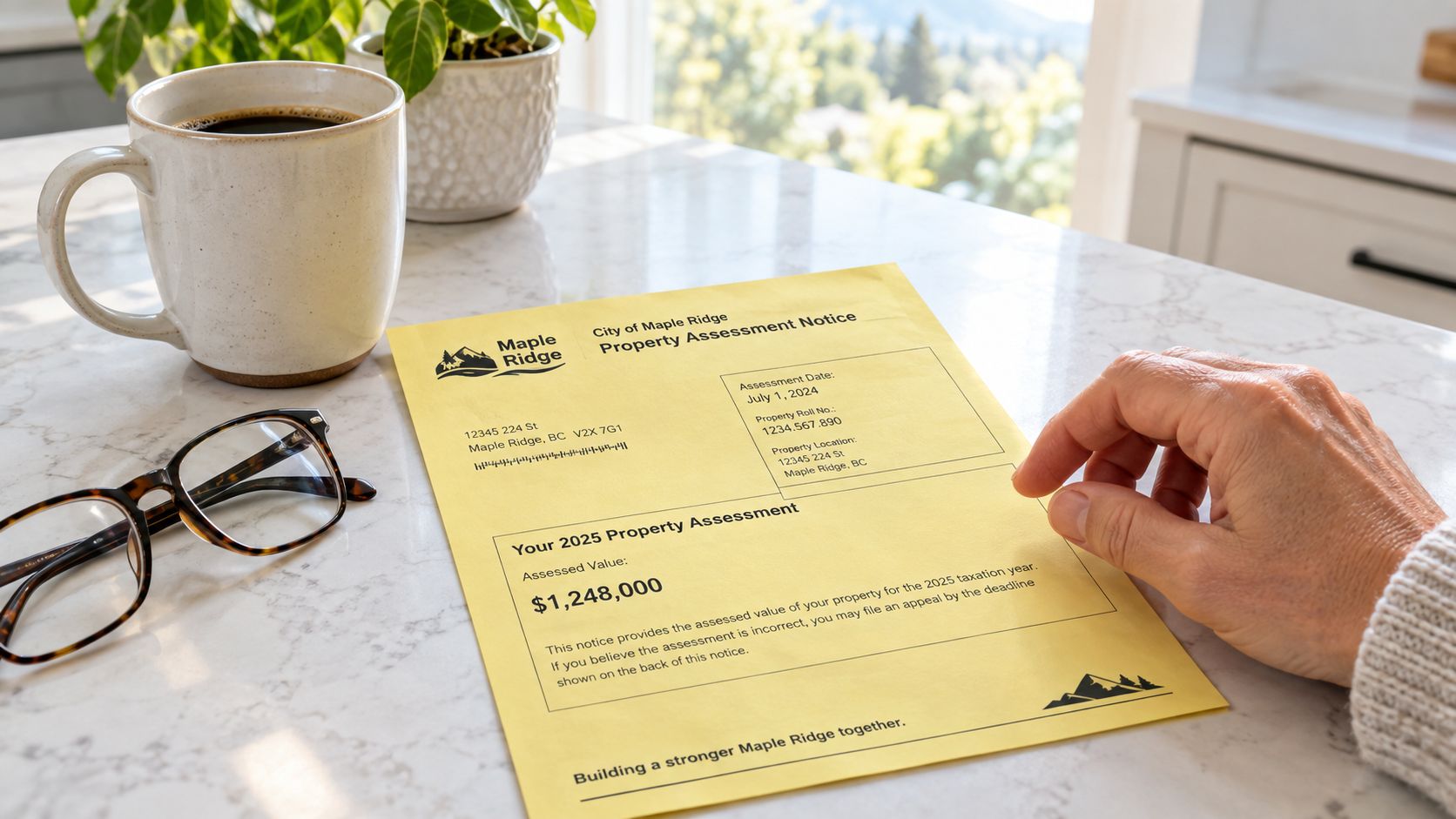 A close-up of a hand holding a 2025 City of Maple Ridge property assessment notice on a table.