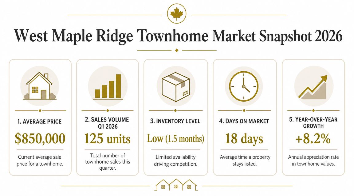 An infographic showing West Maple Ridge townhome market statistics for Q1 2026 including price and growth.