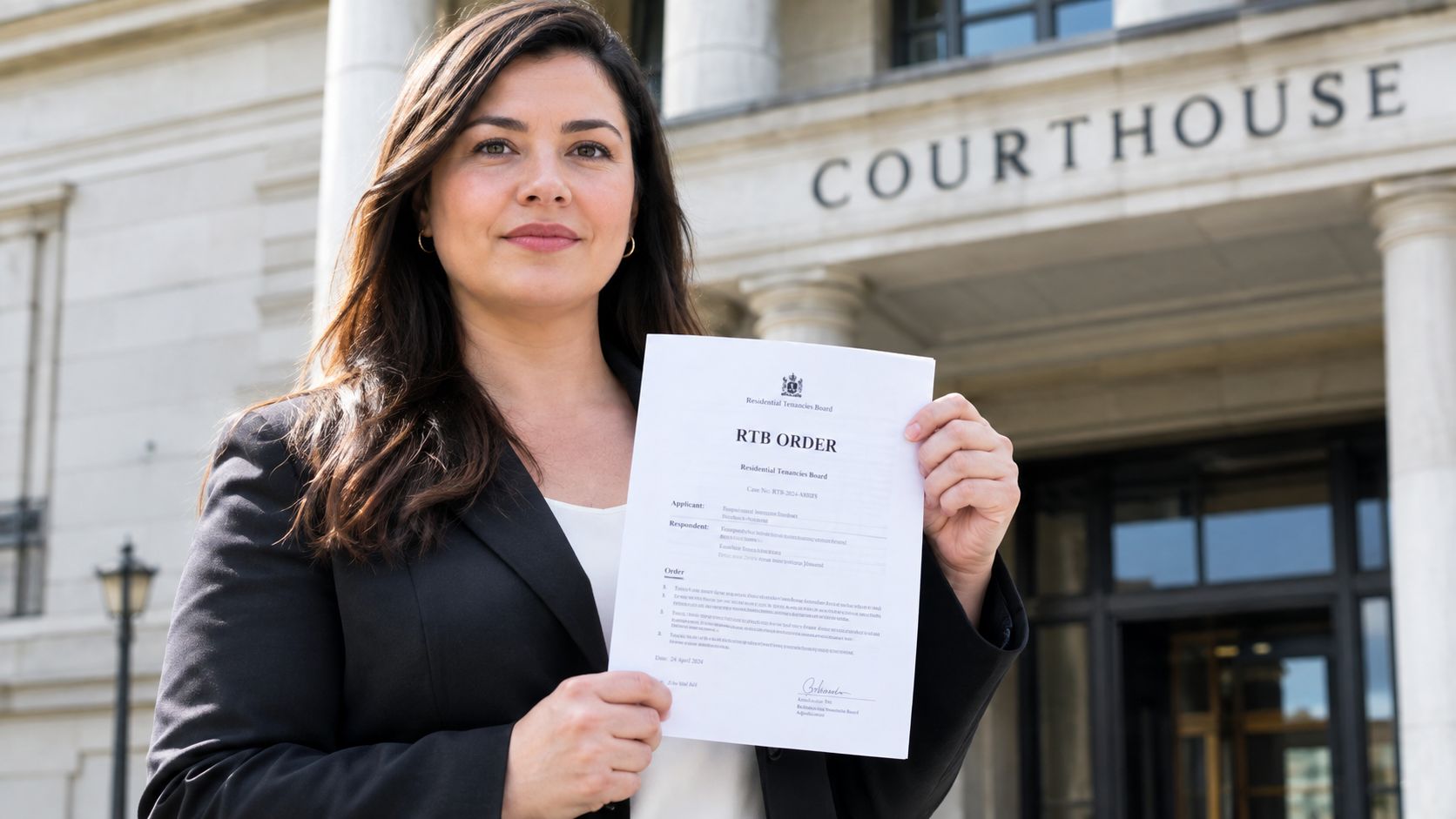 A professional woman holding a Residential Tenancies Board legal document in front of a courthouse.