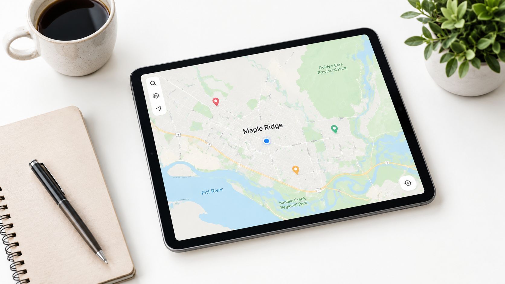 A tablet displaying a digital map of Maple Ridge, British Columbia, on a white desk with office accessories.