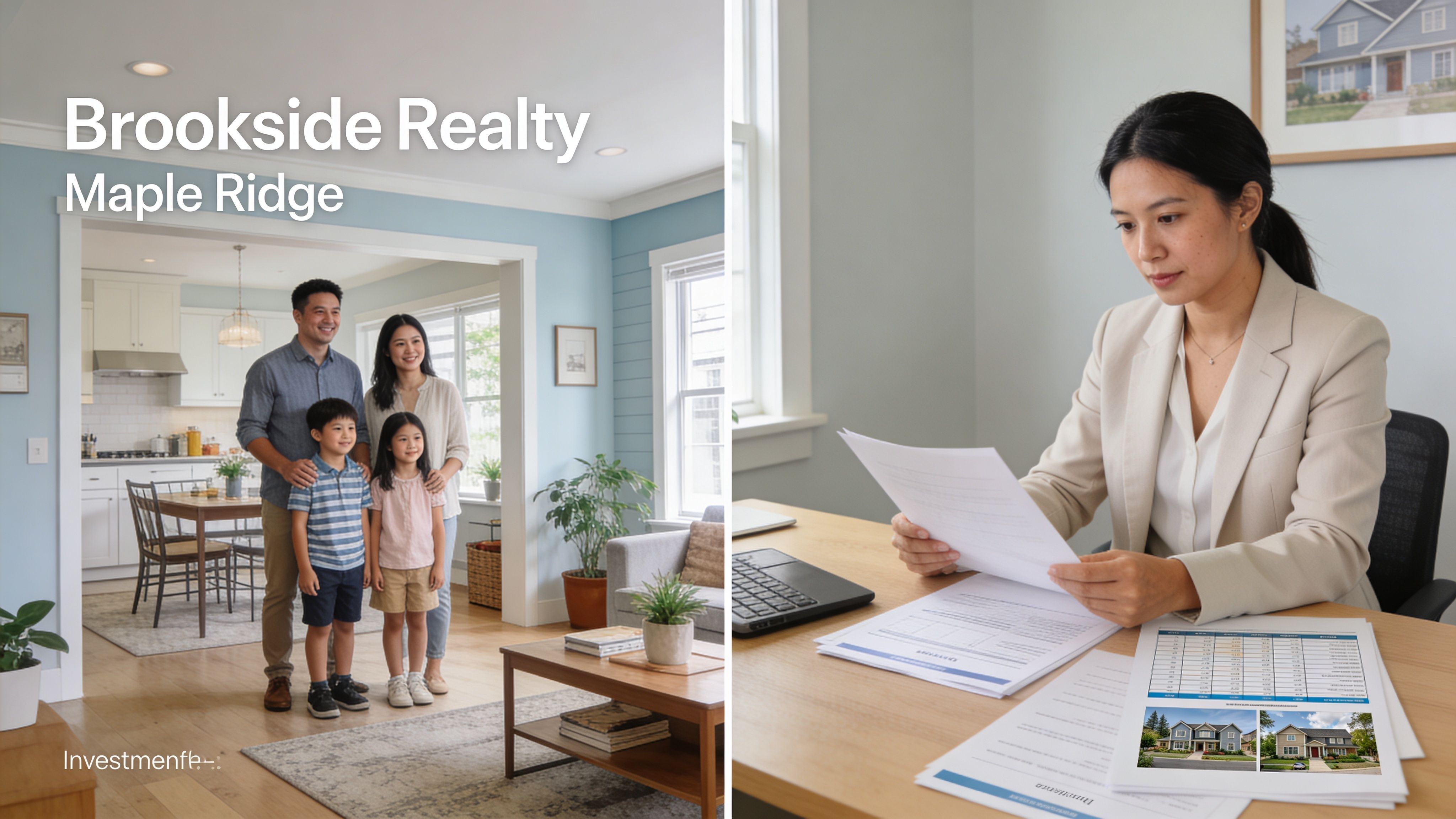 A split image showing a happy family in a home and a real estate agent reviewing property documents.