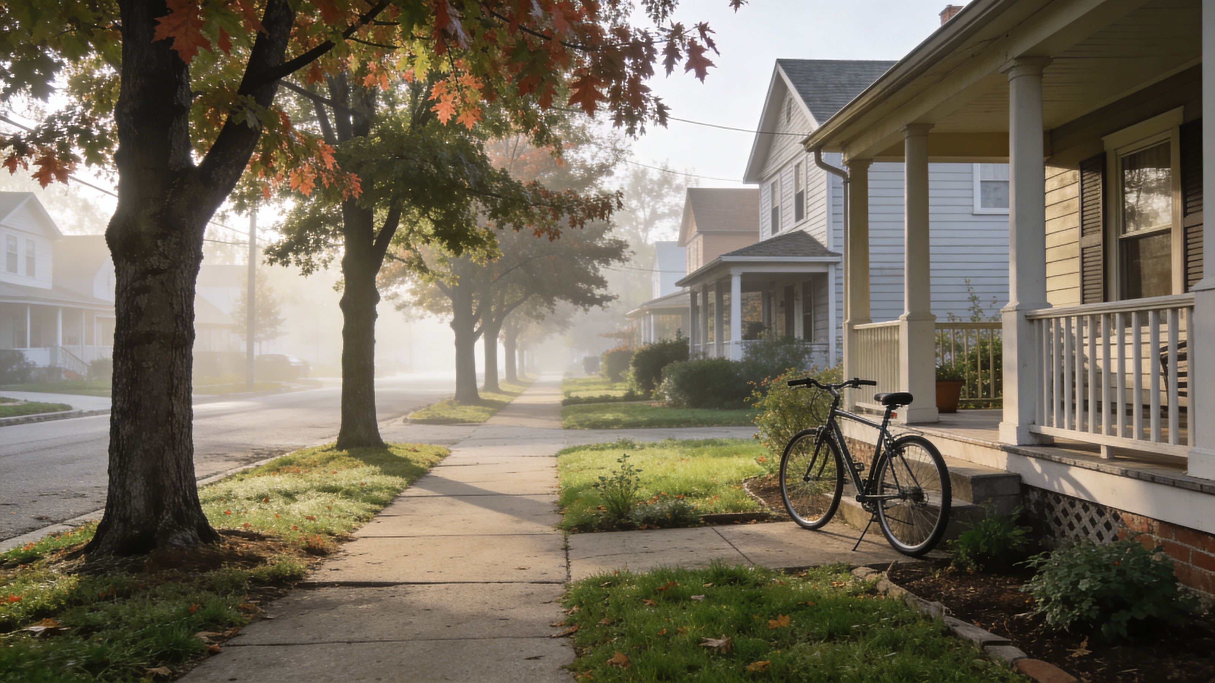 A quiet suburban street with houses, trees, and a bicycle parked on a sunny, misty morning.