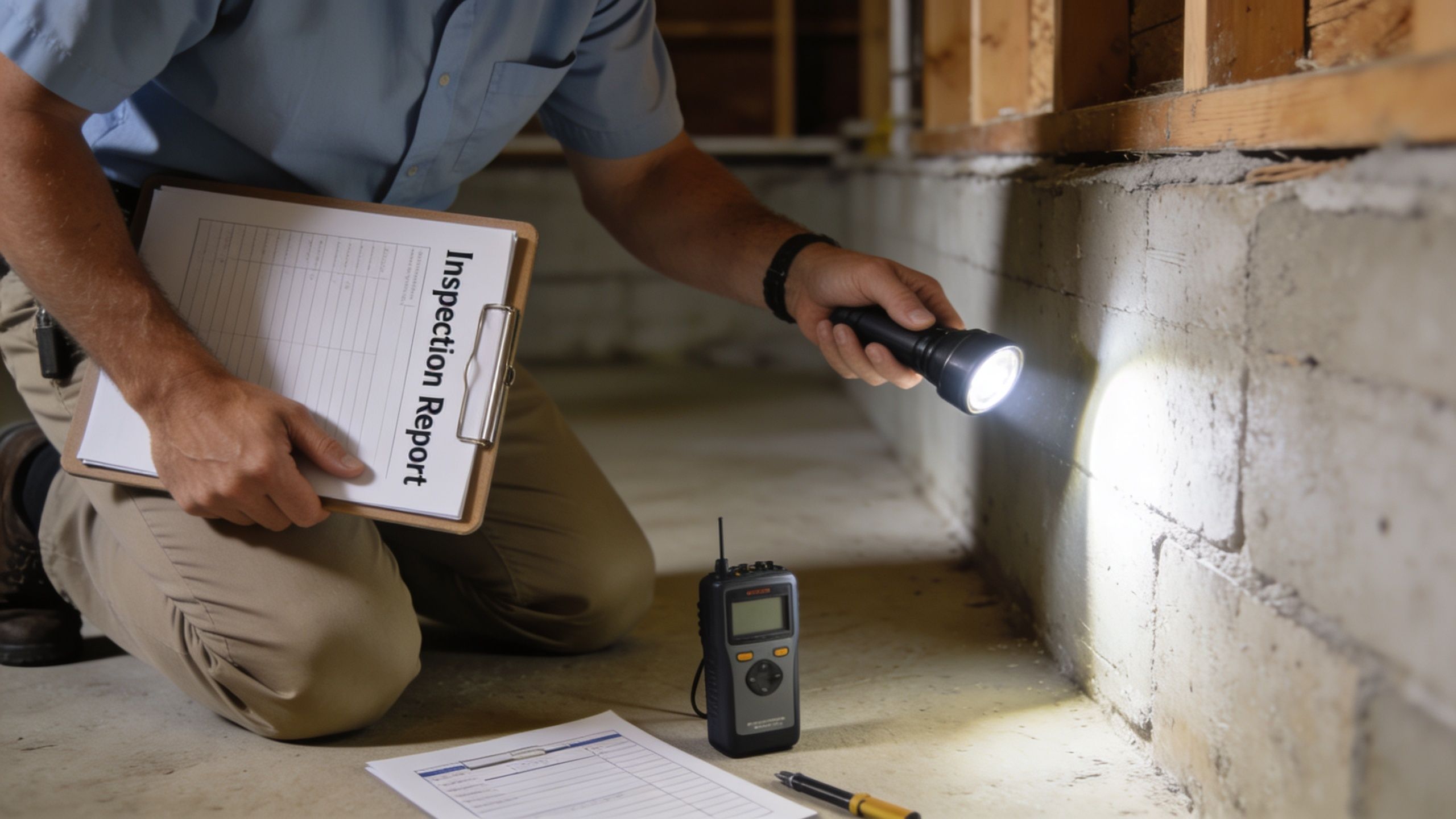 A home inspector kneels on a concrete floor using a flashlight to examine a basement foundation wall.