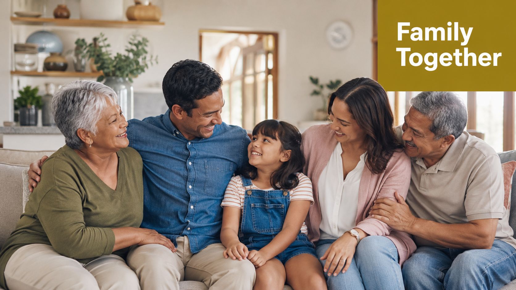 A multi-generational family sitting together on a comfortable sofa in a bright, modern living room.