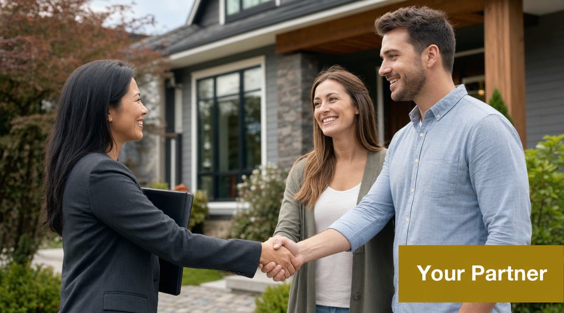 A professional female realtor shakes hands with a smiling couple in front of a modern suburban home.