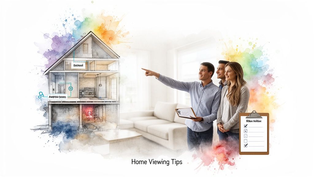Real estate agent showing a couple a house's features, with a cross-section diagram and checklist.