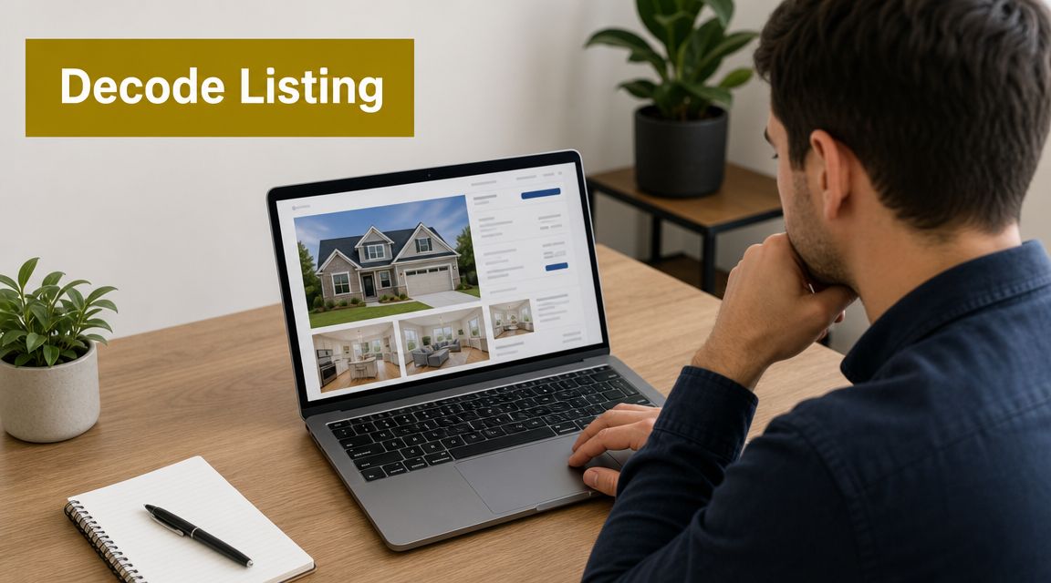 A man wearing a blue shirt sitting at a desk looking at home listings on a laptop.