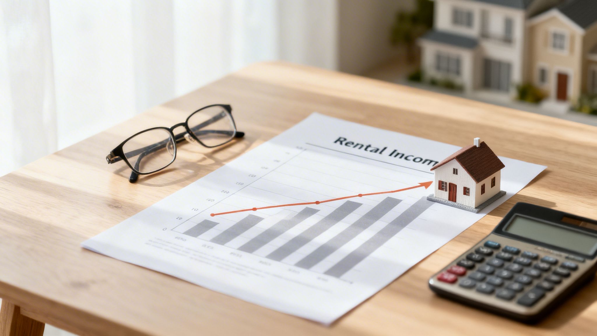 A miniature house sits on a rental income chart showing an upward trend, next to a calculator and glasses.