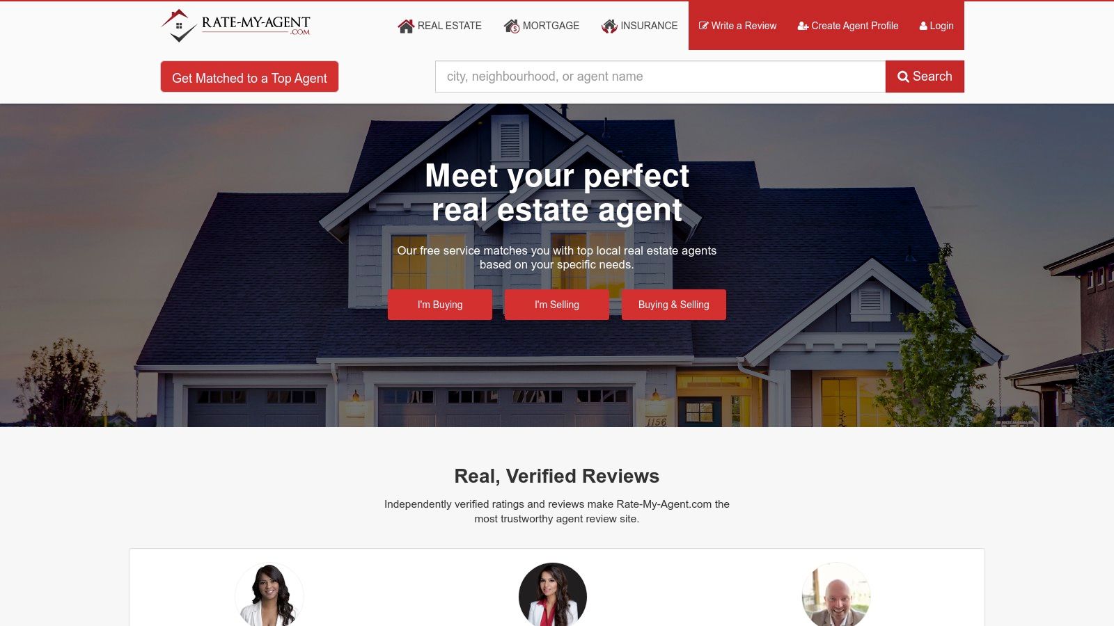Screenshot of the Rate-My-Agent.com website interface showing a search bar for finding real estate agents.