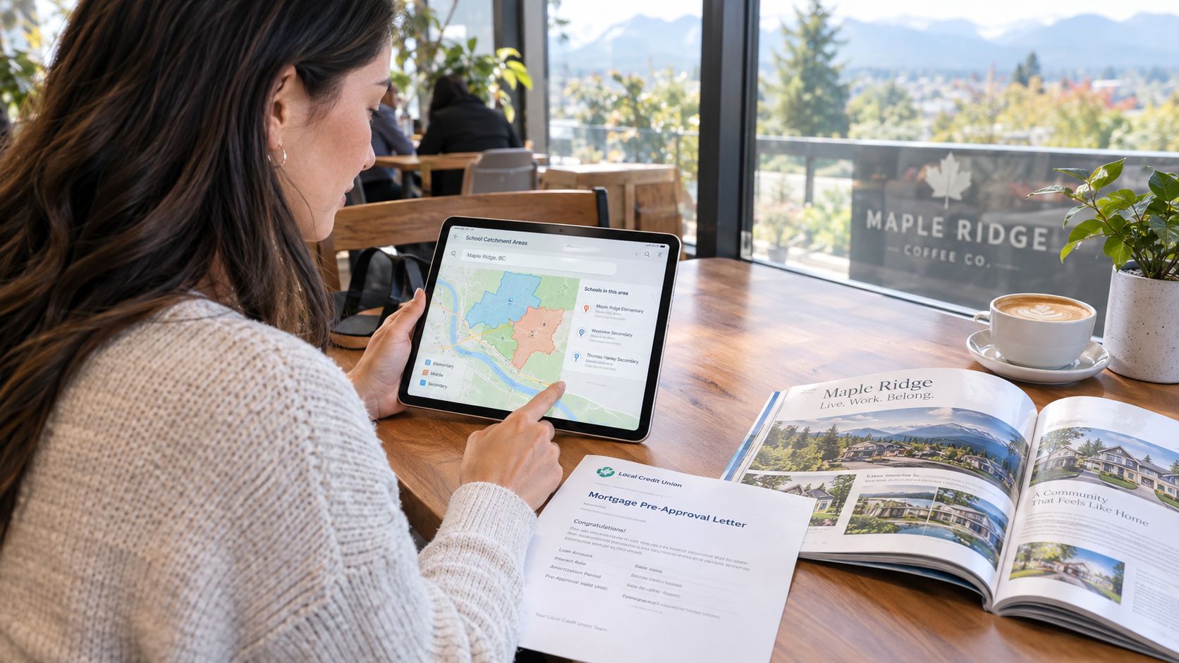 A woman reviewing real estate information on a tablet at a table in a coffee shop.