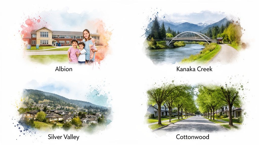 Four watercolor-style images depicting diverse communities: a school, a bridge, hillside homes, and a suburban street.