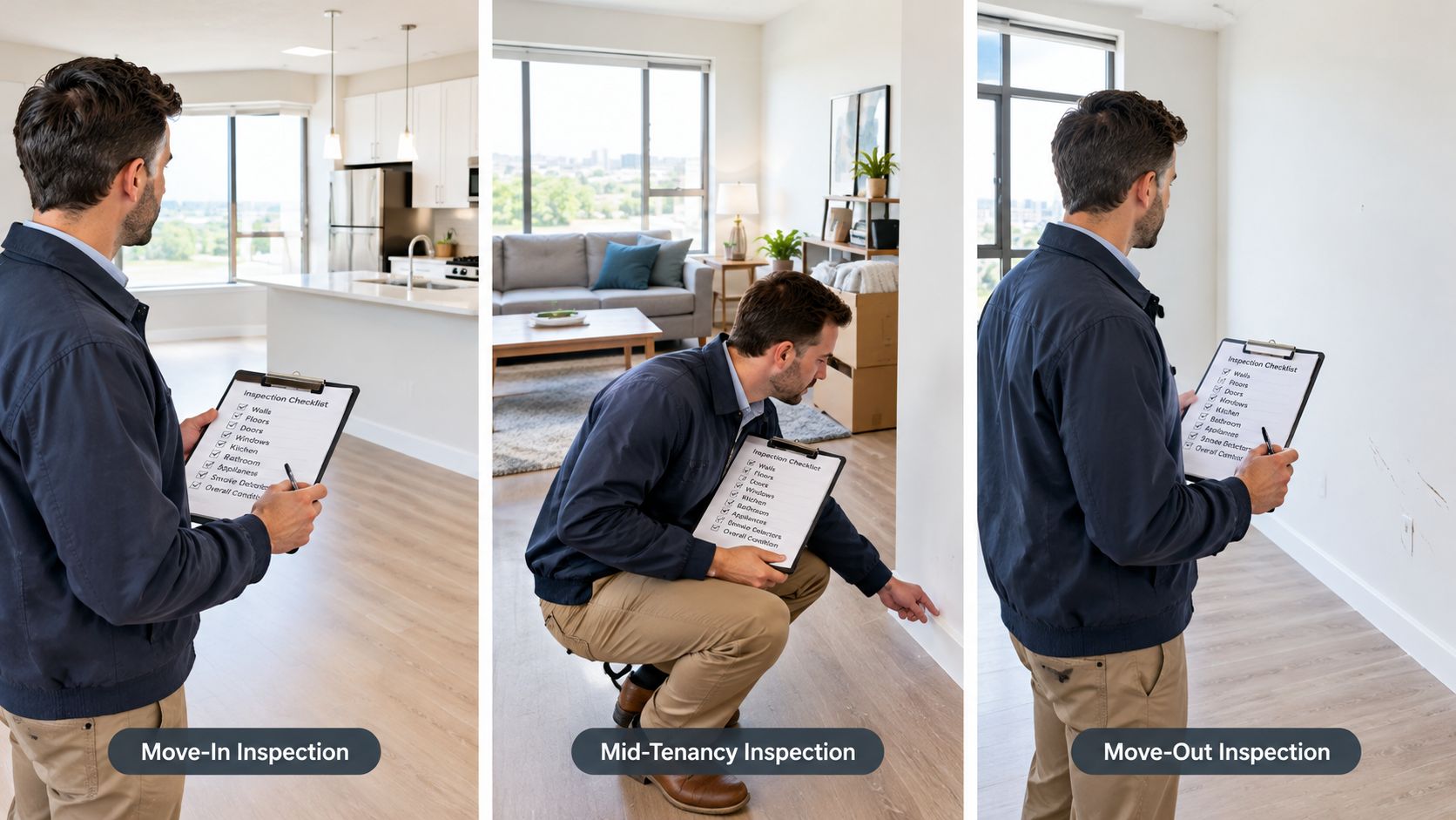 A landlord holding an inspection checklist during move-in, mid-tenancy, and move-out assessments in an apartment.
