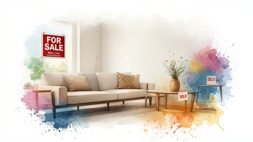 Watercolor illustration of a modern living room with a sofa, tables, and real estate signs, depicting sale and sold properties.