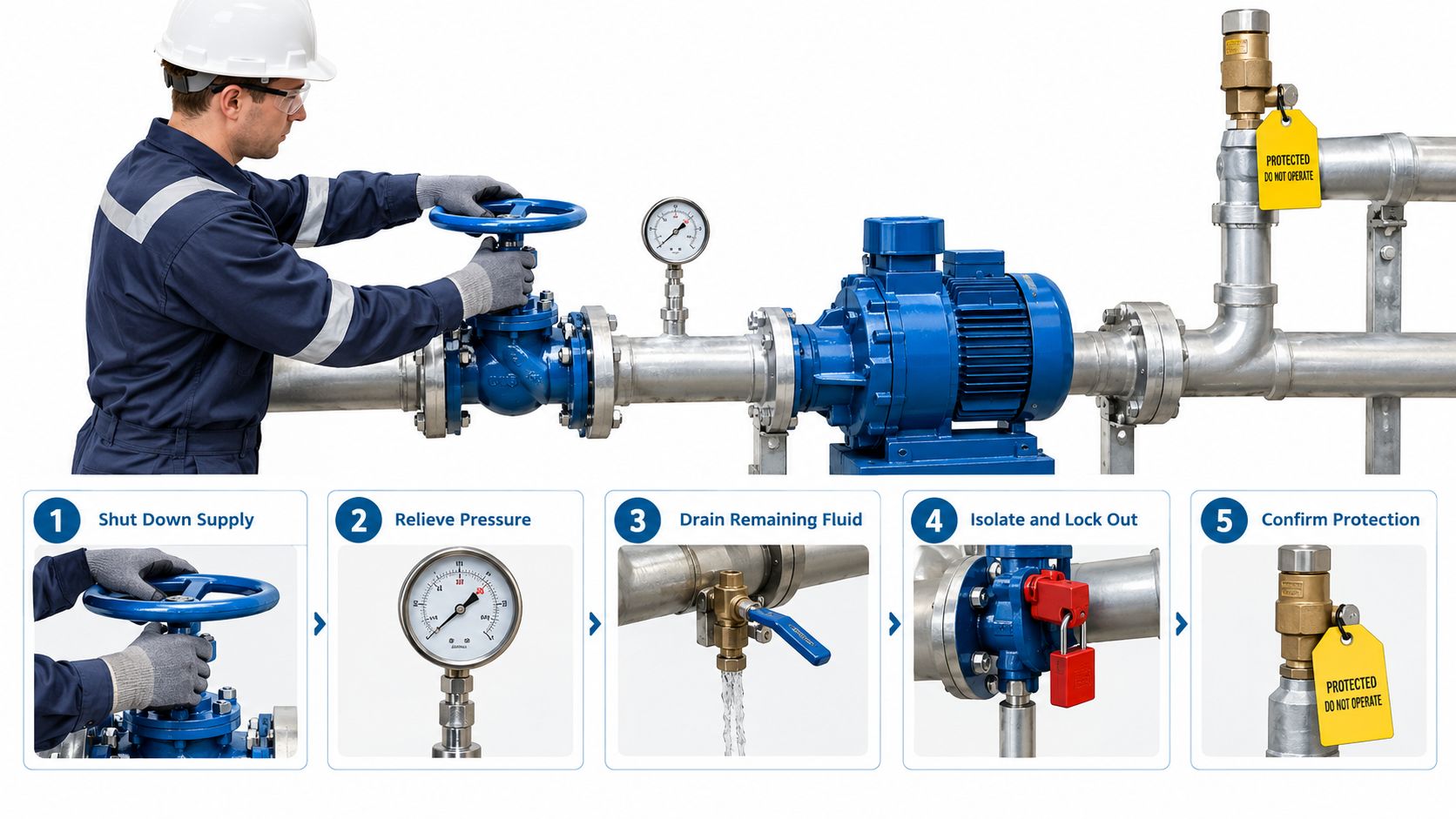 A technician demonstrates the five steps of locking out industrial pipe valve systems for equipment maintenance.