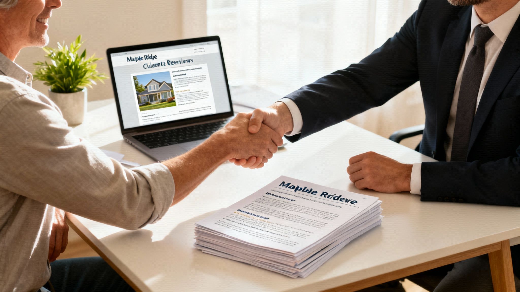 Two men shake hands over a table with a laptop displaying house reviews and documents.