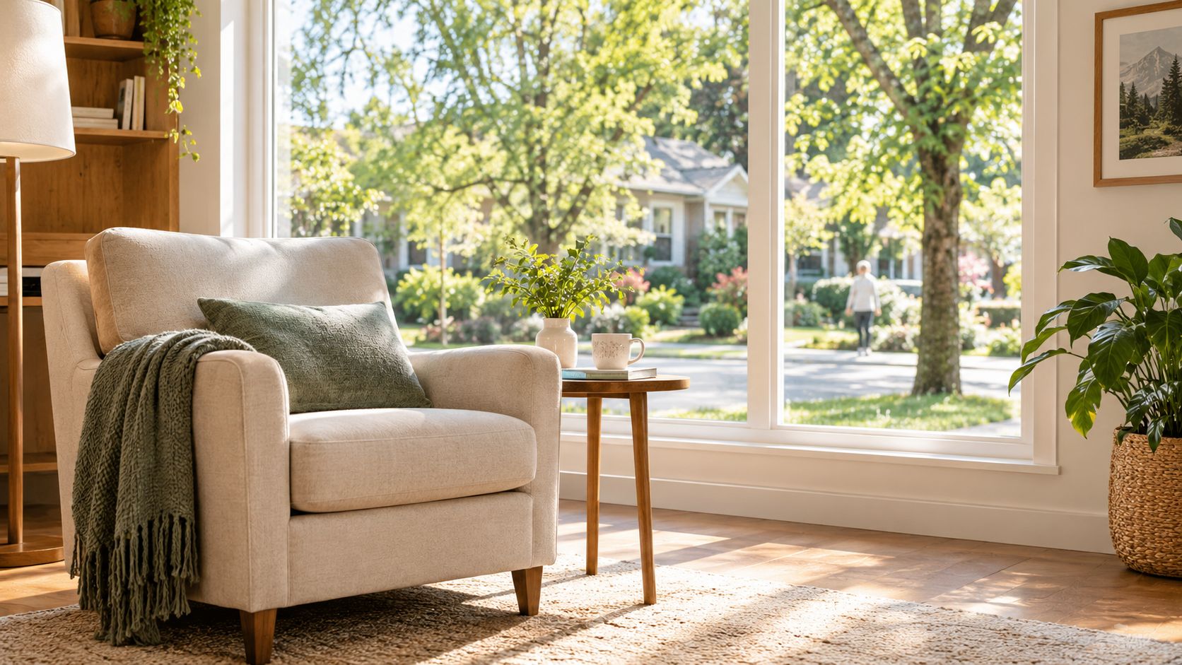 A cozy armchair with a throw blanket next to a window overlooking a sunny residential street.