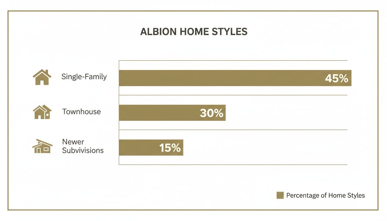 Bar chart displaying Albion home styles: Single-Family (45%), Townhouse (30%), Newer Subdivisions (15%).
