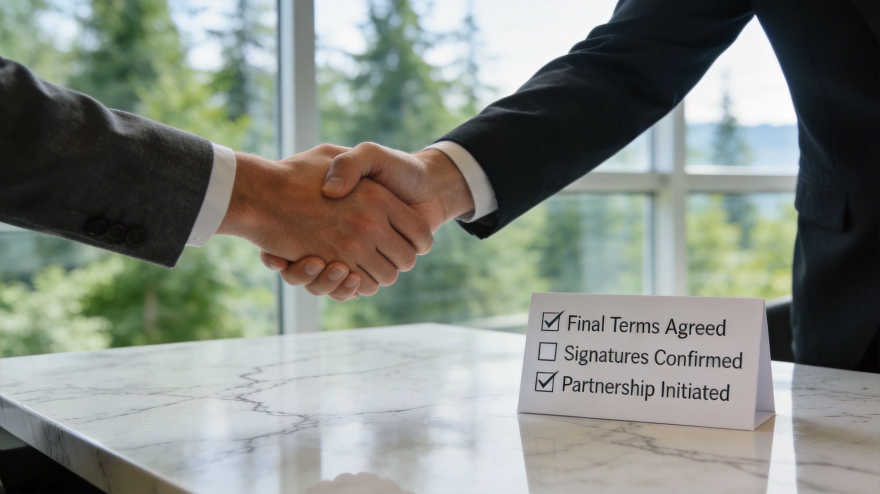 Two people in suits shaking hands over a table with a checklist about partnership agreement terms.