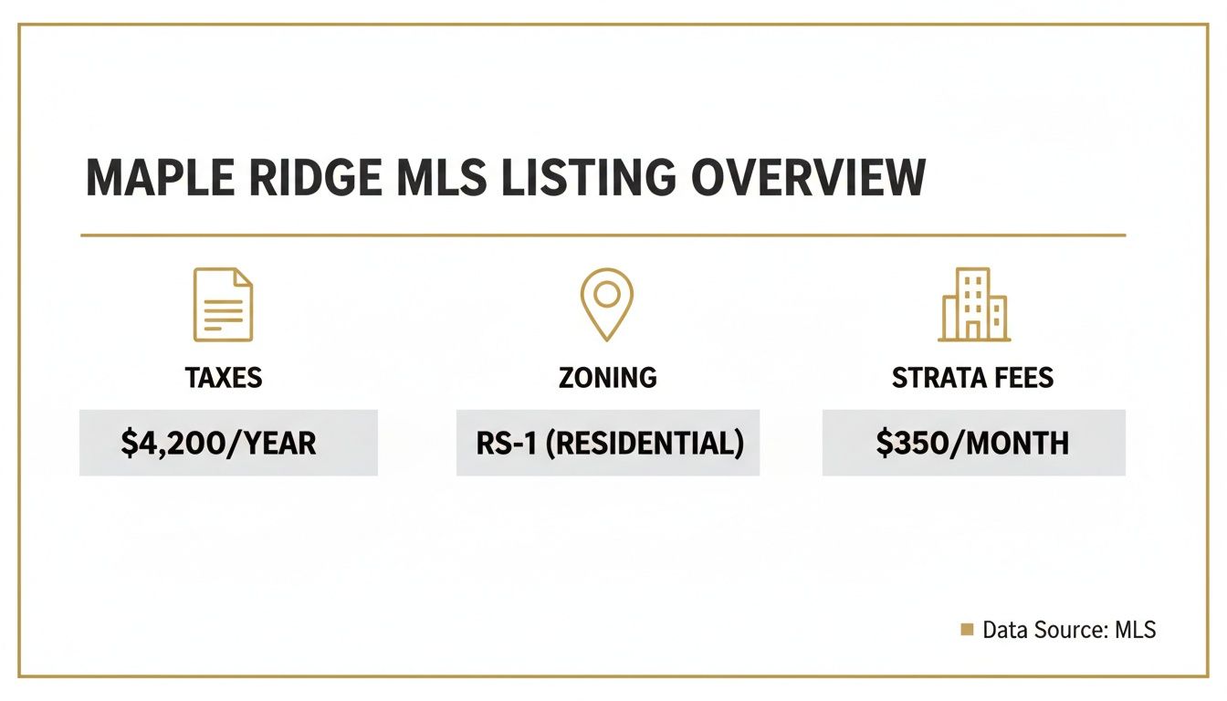 Maple Ridge MLS listing overview displaying taxes, zoning, and strata fees information.