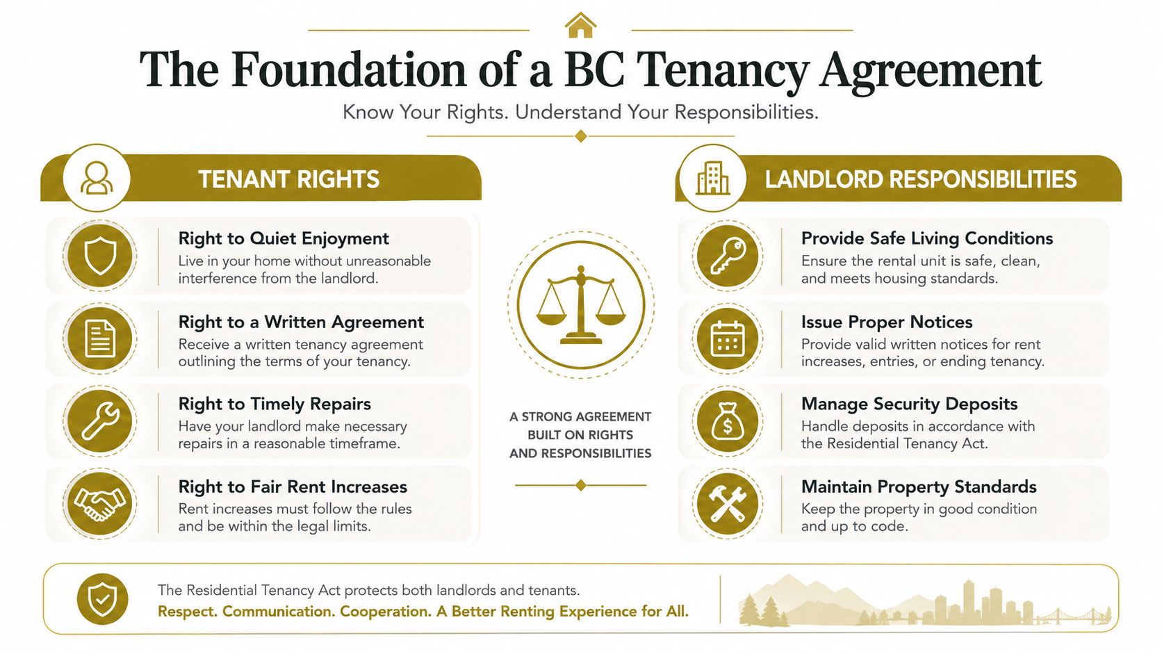 An infographic summarizing tenant rights and landlord responsibilities under the British Columbia Residential Tenancy Act.